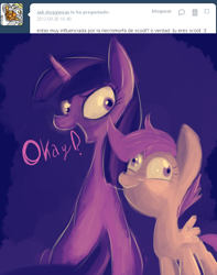 Size: 630x800 | Tagged: safe, derpibooru import, scootaloo, twilight sparkle, ask-derpyweas, preguntastwilight, spanish, tumblr