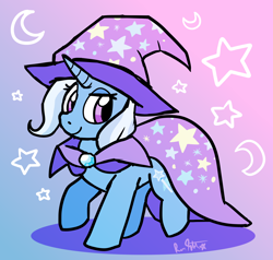 Size: 3000x2856 | Tagged: safe, artist:raystar-draws, derpibooru import, trixie, pony, unicorn, cape, clothes, crescent moon, hat, kidcore, moon, signature, solo, stars, trixie's cape, trixie's hat