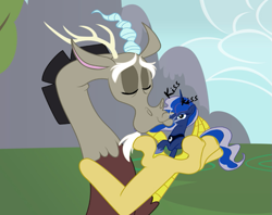 Size: 639x506 | Tagged: safe, artist:icelion87, discord, princess luna, alicorn, pony, female, funny, kissing, lunacord, male, plushie, shipping, straight