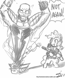 Size: 500x600 | Tagged: safe, artist:johnjoseco, pinkie pie, earth pony, pony, crossover, dragon ball, dragon ball z, dragonball z abridged, ghost nappa, ghostbusters, grayscale, monochrome, nappa