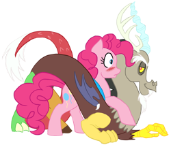 Size: 900x765 | Tagged: safe, artist:bux, discord, pinkie pie, earth pony, pony, blushing, discopie, female, male, shipping, straight