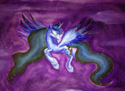 Size: 3264x2375 | Tagged: safe, artist:ask-theponyqueen, princess luna, alicorn, pony, eyes closed, flying, solo, stars, traditional art, watercolor painting