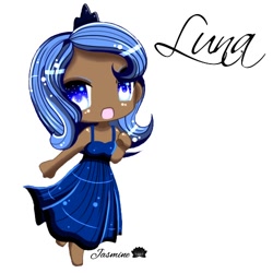 Size: 500x500 | Tagged: safe, artist:jasmine-lotus, princess luna, human, chibi, clothes, cute, dark skin, dress, humanized, lunabetes, s1 luna, simple background, solo