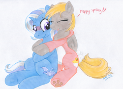 Size: 1248x900 | Tagged: safe, artist:foxxy-arts, derpibooru import, derpy hooves, trixie, pegasus, pony, bunny costume, bunny pajamas, clothes, female, footed sleeper, mare, spring