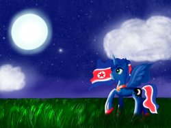 Size: 1600x1200 | Tagged: safe, artist:bacbko, princess luna, alicorn, pony, cloud, korea, moon, night, north korea, solo