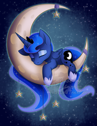 Size: 637x825 | Tagged: safe, artist:dogi-crimson, artist:sky-railroad, princess luna, alicorn, pony, crescent moon, cute, eyes closed, filly, lunabetes, moon, prone, sleeping, solo, tangible heavenly object, transparent moon, watermark, woona, younger