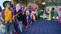 Size: 3408x1920 | Tagged: safe, applejack, crackle, pinkie pie, rainbow dash, rarity, shining armor, spike, twilight sparkle, dragon, human, b.u.c.k., convention, cosplay, irl, irl human, photo