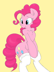 Size: 2365x3124 | Tagged: safe, artist:dfectivedvice, artist:jubileeglider, pinkie pie, pony, bipedal, chest fluff, clothes, cute, diapinkes, ear fluff, fluffy, leg fluff, shoulder fluff, simple background, smiling, socks, solo, thigh highs, yellow background