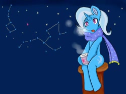 Size: 1024x768 | Tagged: safe, artist:jyanome, derpibooru import, trixie, pony, unicorn, clothes, coffee, constellation, female, mare, scarf, solo