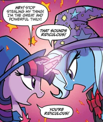 Size: 536x634 | Tagged: safe, artist:tonyfleecs, derpibooru import, idw, trixie, twilight sparkle, pony, unicorn, nightmare knights, spoiler:comic, spoiler:comicnightmareknights03, alternate universe, clothes, crossed horns, duo, female, hat, mare, rivalry, speech bubble, the great and powerful roxy, the great and powerful twily, trixie's hat, wizard hat