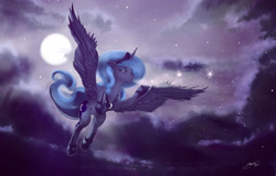 Size: 3202x2052 | Tagged: safe, artist:mechagen, princess luna, alicorn, pony, flying, night, s1 luna, solo, stars