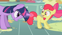 Size: 640x360 | Tagged: safe, derpibooru import, screencap, apple bloom, twilight sparkle, unicorn twilight, earth pony, pony, unicorn, call of the cutie, season 1, imminent foalcon, out of context