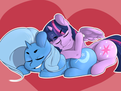 Size: 1280x960 | Tagged: safe, artist:mcnims, derpibooru import, trixie, twilight sparkle, twilight sparkle (alicorn), alicorn, pony, explicit source, female, lesbian, mare, shipping, sleeping, snuggling, twixie