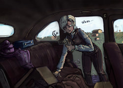 Size: 1220x876 | Tagged: safe, artist:agm, derpibooru import, trixie, human, buick roadmaster, cape, car, clothes, dialogue, gun, handgun, hat, humanized, pistol, suitcase, surprised, trixie's cape, trixie's hat, vest, waistcoat, wandering trixie