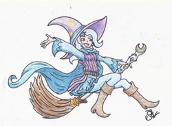 Size: 1024x754 | Tagged: artist needed, source needed, safe, derpibooru import, trixie, human, broom, flying, flying broomstick, humanized, little witch academia, shiny chariot, solo, traditional art