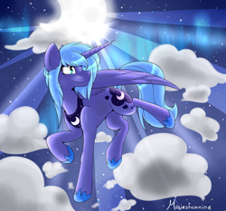 Size: 2900x2700 | Tagged: safe, artist:majesticanine, princess luna, alicorn, pony, cloud, crepuscular rays, moon, night, s1 luna, solo