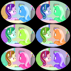 Size: 1080x1080 | Tagged: safe, color edit, derpibooru import, edit, edited screencap, screencap, starlight glimmer, trixie, pony, unicorn, road to friendship, animated in description, chair, colored, cropped, desk, excited, flower, grin, hue, looking at each other, png, quill, saturated, smiling, starlight's office, stars