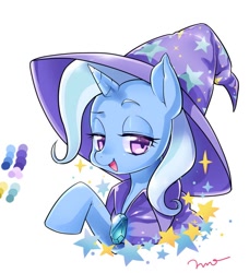 Size: 652x714 | Tagged: safe, artist:mococo, derpibooru import, trixie, pony, unicorn, cape, clothes, female, hat, lidded eyes, mare, solo, stars, trixie's cape, trixie's hat