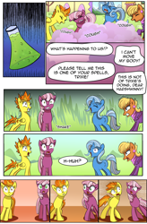 Size: 1800x2740 | Tagged: safe, artist:candyclumsy, derpibooru import, cheerilee, ms. harshwhinny, spitfire, trixie, earth pony, pegasus, pony, unicorn, comic:fusing the fusions, comic:mlp: education reform, comic, commissioner:bigonionbean, coughing, female, fusion, magic, mare, potion, smoke, writer:bigonionbean