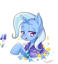 Size: 652x714 | Tagged: safe, artist:mococo, derpibooru import, trixie, pony, unicorn, cape, clothes, female, lidded eyes, mare, missing accessory, solo, trixie's cape