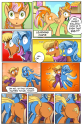 Size: 1800x2740 | Tagged: safe, artist:candyclumsy, derpibooru import, cheerilee, ms. harshwhinny, spitfire, trixie, oc, oc:learning curve, earth pony, pegasus, pony, unicorn, comic:fusing the fusions, comic:mlp: education reform, body horror, commissioner:bigonionbean, cutie mark, eyes closed, fear, female, fusion, fusion:learning curve, gritted teeth, hooves, horn, mare, merge, merging, open mouth, panic, plot, potion, shocked, swelling, teeth, writer:bigonionbean