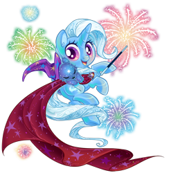 Size: 3000x3000 | Tagged: safe, artist:sakuyamon, derpibooru import, trixie, pony, unicorn, ursa minor, cape, clothes, cub, cute, female, fireworks, mare, simple background, transparent background, trixie's hat, ursa minimus, wand