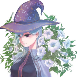 Size: 1000x1000 | Tagged: safe, artist:rinnemi, derpibooru import, trixie, human, clothes, cute, female, flower, hat, humanized, moonflower, necktie, simple background, solo, titsie, trixie's hat, white background