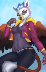 Size: 1618x2500 | Tagged: safe, artist:entarra, derpibooru import, oc, oc only, anthro, griffon, anthro oc, clothes, cloud, female, griffon oc, jacket, looking at you, pants, shirt, sky, solo