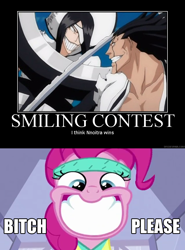 Size: 750x1011 | Tagged: safe, pinkie pie, human, bleach (manga), demotivational poster, image macro, meme, nnoitra gilga, smiling, zaraki kenpachi