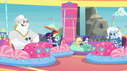 Size: 1920x1080 | Tagged: safe, derpibooru import, screencap, applejack, bulk biceps, rainbow dash, rarity, sci-twi, trixie, twilight sparkle, better together, equestria girls, rollercoaster of friendship, baseball cap, bumper cars, cap, hat