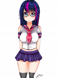 Size: 1691x2189 | Tagged: safe, artist:manhunterj, twilight sparkle, human, clothes, glasses, humanized, looking at you, miniskirt, sailor uniform, school uniform, schoolgirl, shirt, simple background, skirt, socks, solo, thigh highs, white background, zettai ryouiki