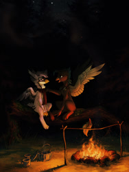 Size: 1288x1709 | Tagged: safe, artist:koviry, derpibooru import, oc, oc only, griffon, bonfire, fire, forest, griffon oc, log, night, open mouth, sitting, stars, tree, ych result