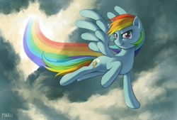 Size: 699x472 | Tagged: safe, artist:pinali, rainbow dash, pegasus, pony, cloud, cloudy, flying, solo