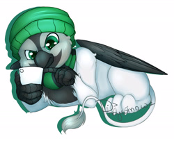 Size: 2509x2036 | Tagged: safe, artist:pingwinowa, derpibooru import, oc, griffon, beanie, cellphone, clothes, commission, griffon oc, hat, phone, scarf