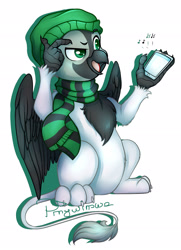 Size: 1902x2631 | Tagged: safe, artist:pingwinowa, derpibooru import, oc, griffon, beanie, cellphone, clothes, commission, digital art, griffon oc, hat, music, music notes, phone, scarf