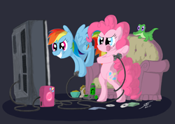 Size: 4320x3052 | Tagged: safe, artist:template93, gummy, pinkie pie, rainbow dash, earth pony, pegasus, pony, absurd resolution, bipedal, pet, sofa, television, trio, video game