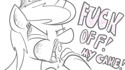 Size: 640x360 | Tagged: safe, artist:sillyfillysketches, princess luna, alicorn, pony, cake, eating, monochrome, solo, swearing, vulgar