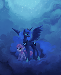 Size: 988x1200 | Tagged: dead source, safe, artist:maggwai, princess luna, sweetie belle, alicorn, pony, unicorn, blank flank, cloud, dream, female, filly, fog, frown, lidded eyes, looking up, night, raised hoof, sky, spread wings, stars, wing fluff, wings