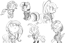 Size: 1750x1050 | Tagged: safe, artist:tess, derpibooru import, applejack, fluttershy, pinkie pie, rainbow dash, rarity, twilight sparkle, earth pony, pegasus, pony, unicorn, clothes, female, mare, monochrome, winter