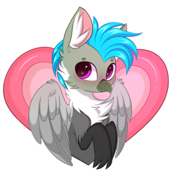 Size: 2598x2680 | Tagged: safe, artist:pesty_skillengton, derpibooru import, oc, oc only, oc:fluffy (the griffon), griffon, blushing, cute, griffon oc, heart, male, solo, spread wings, wings, ych result