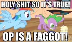 Size: 680x400 | Tagged: safe, rainbow dash, spike, dragon, pegasus, pony, image macro, op is a faggot, slur, vulgar