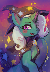 Size: 986x1409 | Tagged: safe, artist:cherivinca, derpibooru import, trixie, pony, unicorn, blushing, cape, clothes, female, hat, looking at you, mare, open mouth, smiling, solo, stars, trixie's cape, trixie's hat