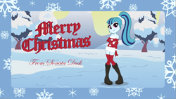 Size: 1920x1080 | Tagged: safe, artist:doctor-g, sonata dusk, equestria girls, christmas card, clothes, hat, santa costume, santa hat, smiling, snow, socks, solo, thigh highs, winter