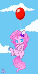 Size: 585x1138 | Tagged: dead source, safe, artist:lolopan, pinkie pie, earth pony, pony, balloon, bow, colored eyelashes, colored pupils, cute, diapinkes, featureless crotch, female, hooves to the chest, looking at you, mare, signature, smiling, solo, then watch her balloons lift her up to the sky
