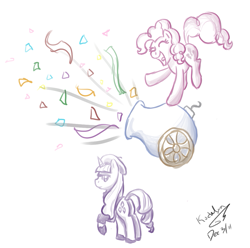 Size: 1023x1016 | Tagged: safe, artist:kudalyn, pinkie pie, rarity, earth pony, pony, unicorn, beatnik rarity, beret, clothes, duo, female, hat, party cannon, simple background, white background