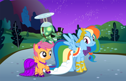 Size: 1484x957 | Tagged: safe, artist:choedan-kal, rainbow dash, scootaloo, tank, pegasus, pony, bowtie, clothes, dress, gala dress, hat, swag, top hat