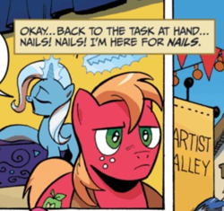 Size: 604x568 | Tagged: safe, derpibooru import, idw, big macintosh, trixie, spoiler:comic, spoiler:comic09, comic