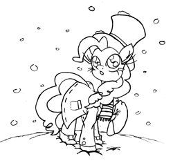 Size: 1806x1707 | Tagged: safe, artist:leadhooves, pinkie pie, earth pony, pony, clothes, hat, monochrome, scarf, snow, snowfall, solo, top hat