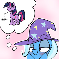 Size: 1000x1000 | Tagged: safe, artist:grilledcat, derpibooru import, trixie, twilight sparkle, unicorn twilight, pony, unicorn, blushing, female, hat, imagination, lesbian, lidded eyes, mare, shipping, thought bubble, twixie