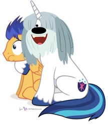 Size: 500x581 | Tagged: safe, artist:dm29, edit, flash sentry, shining armor, pegasus, pony, unicorn, art theft, duo, exploitable meme, meme, niblet, pound puppies, secret butt fun, sitting, wide eyes